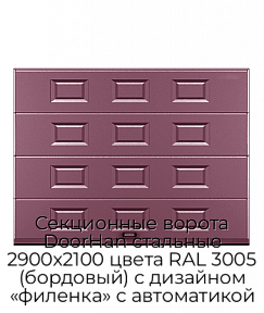 Секционные ворота DoorHan стальные 2900х2100 цвета RAL 3005 (бордовый) с дизайном «филенка» с автоматикой
