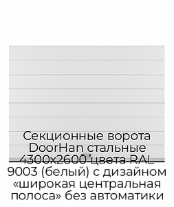 Секционные ворота DoorHan стальные 4300х2600 цвета RAL 9003 (белый) с дизайном «широкая центральная полоса» без автоматики preview 1