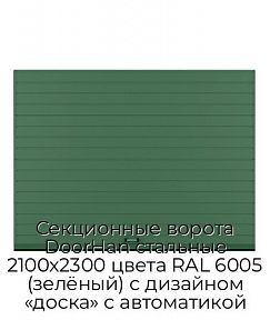Секционные ворота DoorHan стальные 2100х2300 цвета RAL 6005 (зелёный) с дизайном «доска» с автоматикой