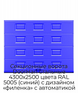 Секционные ворота DoorHan стальные 4300х2500 цвета RAL 5005 (синий) с дизайном «филенка» с автоматикой preview 1