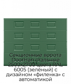 Секционные ворота DoorHan стальные 2500х2700 цвета RAL 6005 (зелёный) с дизайном «филенка» с автоматикой