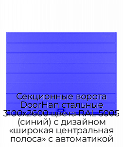 Секционные ворота DoorHan стальные 3100х2600 цвета RAL 5005 (синий) с дизайном «широкая центральная полоса» с автоматикой preview 1