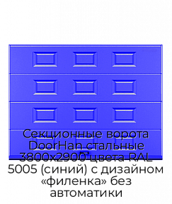 Секционные ворота DoorHan стальные 3800х2900 цвета RAL 5005 (синий) с дизайном «филенка» без автоматики