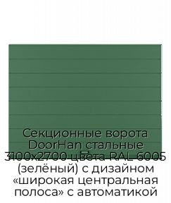 Секционные ворота DoorHan стальные 3100х2700 цвета RAL 6005 (зелёный) с дизайном «широкая центральная полоса» с автоматикой