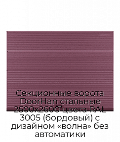 Секционные ворота DoorHan стальные 2500х2600 цвета RAL 3005 (бордовый) с дизайном «волна» без автоматики