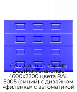 Секционные ворота DoorHan стальные 4600х2200 цвета RAL 5005 (синий) с дизайном «филенка» с автоматикой preview 1