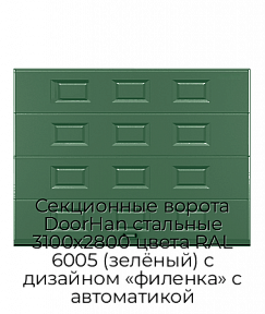 Секционные ворота DoorHan стальные 3100х2800 цвета RAL 6005 (зелёный) с дизайном «филенка» с автоматикой