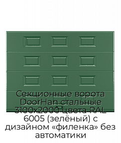 Секционные ворота DoorHan стальные 3100х2000 цвета RAL 6005 (зелёный) с дизайном «филенка» без автоматики
