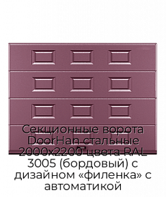 Секционные ворота DoorHan стальные 2000х2200 цвета RAL 3005 (бордовый) с дизайном «филенка» с автоматикой