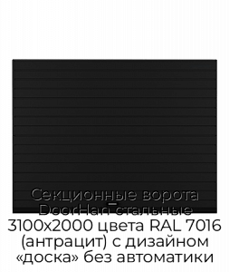Секционные ворота DoorHan стальные 3100х2000 цвета RAL 7016 (антрацит) с дизайном «доска» без автоматики preview 1