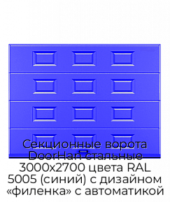 Секционные ворота DoorHan стальные 3000х2700 цвета RAL 5005 (синий) с дизайном «филенка» с автоматикой