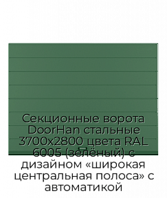 Секционные ворота DoorHan стальные 3700х2800 цвета RAL 6005 (зелёный) с дизайном «широкая центральная полоса» с автоматикой