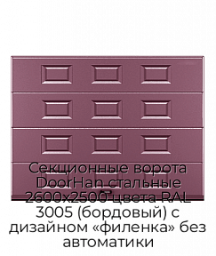 Секционные ворота DoorHan стальные 2600х2500 цвета RAL 3005 (бордовый) с дизайном «филенка» без автоматики