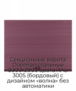 Секционные ворота DoorHan стальные 3000х2900 цвета RAL 3005 (бордовый) с дизайном «волна» без автоматики preview 1