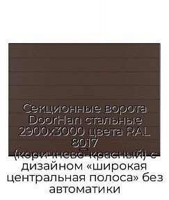 Секционные ворота DoorHan стальные 2900х3000 цвета RAL 8017 (коричнево-красный) с дизайном «широкая центральная полоса» без автоматики