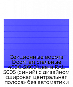 Секционные ворота DoorHan стальные 4600х2600 цвета RAL 5005 (синий) с дизайном «широкая центральная полоса» без автоматики
