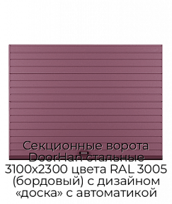 Секционные ворота DoorHan стальные 3100х2300 цвета RAL 3005 (бордовый) с дизайном «доска» с автоматикой
