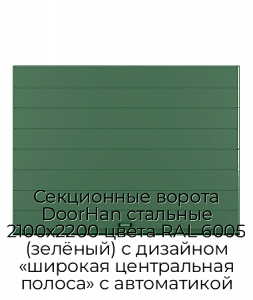 Секционные ворота DoorHan стальные 2100х2200 цвета RAL 6005 (зелёный) с дизайном «широкая центральная полоса» с автоматикой preview 1