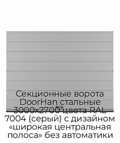 Секционные ворота DoorHan стальные 3000х2700 цвета RAL 7004 (серый) с дизайном «широкая центральная полоса» без автоматики