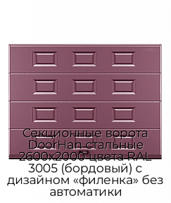 Секционные ворота DoorHan стальные 2600х2000 цвета RAL 3005 (бордовый) с дизайном «филенка» без автоматики