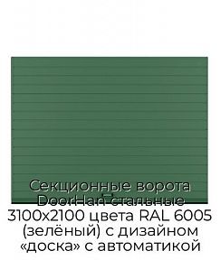 Секционные ворота DoorHan стальные 3100х2100 цвета RAL 6005 (зелёный) с дизайном «доска» с автоматикой