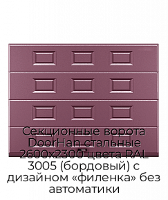 Секционные ворота DoorHan стальные 2600х2300 цвета RAL 3005 (бордовый) с дизайном «филенка» без автоматики