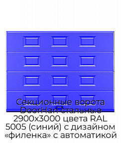 Секционные ворота DoorHan стальные 2900х3000 цвета RAL 5005 (синий) с дизайном «филенка» с автоматикой
