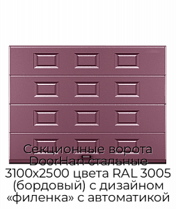 Секционные ворота DoorHan стальные 3100х2500 цвета RAL 3005 (бордовый) с дизайном «филенка» с автоматикой preview 1