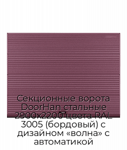 Секционные ворота DoorHan стальные 2900х2200 цвета RAL 3005 (бордовый) с дизайном «волна» с автоматикой preview 1