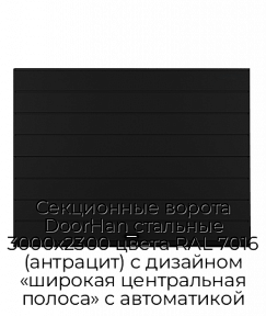 Секционные ворота DoorHan стальные 3000х2300 цвета RAL 7016 (антрацит) с дизайном «широкая центральная полоса» с автоматикой