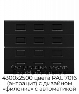 Секционные ворота DoorHan стальные 4300х2500 цвета RAL 7016 (антрацит) с дизайном «филенка» с автоматикой preview 1