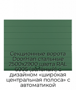 Секционные ворота DoorHan стальные 2500х2900 цвета RAL 6005 (зелёный) с дизайном «широкая центральная полоса» с автоматикой