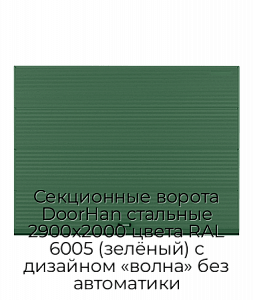 Секционные ворота DoorHan стальные 2900х2000 цвета RAL 6005 (зелёный) с дизайном «волна» без автоматики preview 1