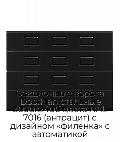 Секционные ворота DoorHan стальные 3000х2400 цвета RAL 7016 (антрацит) с дизайном «филенка» с автоматикой