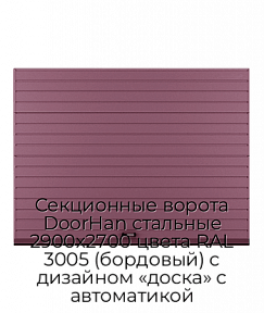 Секционные ворота DoorHan стальные 2900х2700 цвета RAL 3005 (бордовый) с дизайном «доска» с автоматикой
