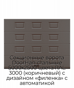 Секционные ворота DoorHan стальные 5000х2500 цвета RAL 3000 (коричневый) с дизайном «филенка» с автоматикой preview 1