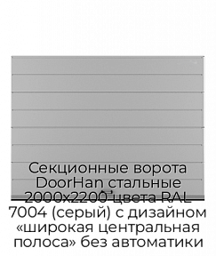 Секционные ворота DoorHan стальные 2000х2200 цвета RAL 7004 (серый) с дизайном «широкая центральная полоса» без автоматики