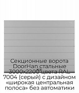 Секционные ворота DoorHan стальные 3000х2200 цвета RAL 7004 (серый) с дизайном «широкая центральная полоса» без автоматики preview 1