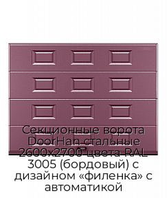 Секционные ворота DoorHan стальные 2600х2700 цвета RAL 3005 (бордовый) с дизайном «филенка» с автоматикой