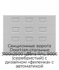 Секционные ворота DoorHan стальные 3100х2500 цвета RAL 9006 (серебристый) с дизайном «филенка» с автоматикой