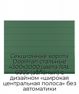 Секционные ворота DoorHan стальные 4300х3000 цвета RAL 6005 (зелёный) с дизайном «широкая центральная полоса» без автоматики preview 1