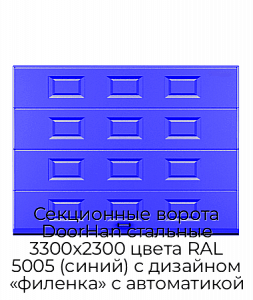 Секционные ворота DoorHan стальные 3300х2300 цвета RAL 5005 (синий) с дизайном «филенка» с автоматикой preview 1
