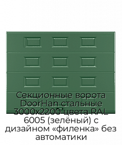 Секционные ворота DoorHan стальные 3000х2200 цвета RAL 6005 (зелёный) с дизайном «филенка» без автоматики