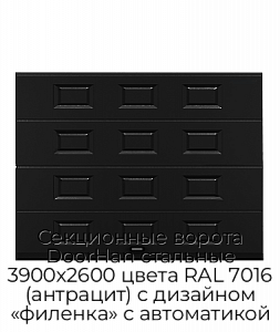 Секционные ворота DoorHan стальные 3900х2600 цвета RAL 7016 (антрацит) с дизайном «филенка» с автоматикой preview 1