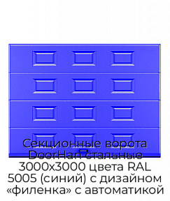 Секционные ворота DoorHan стальные 3000х3000 цвета RAL 5005 (синий) с дизайном «филенка» с автоматикой