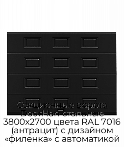 Секционные ворота DoorHan стальные 3800х2700 цвета RAL 7016 (антрацит) с дизайном «филенка» с автоматикой preview 1