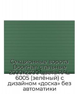 Секционные ворота DoorHan стальные 2500х2300 цвета RAL 6005 (зелёный) с дизайном «доска» без автоматики preview 1