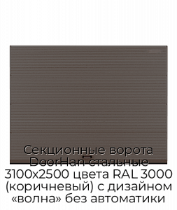 Секционные ворота DoorHan стальные 3100х2500 цвета RAL 3000 (коричневый) с дизайном «волна» без автоматики preview 1