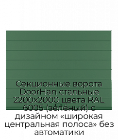 Секционные ворота DoorHan стальные 2200х2000 цвета RAL 6005 (зелёный) с дизайном «широкая центральная полоса» без автоматики
