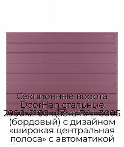 Секционные ворота DoorHan стальные 2900х2100 цвета RAL 3005 (бордовый) с дизайном «широкая центральная полоса» с автоматикой preview 1